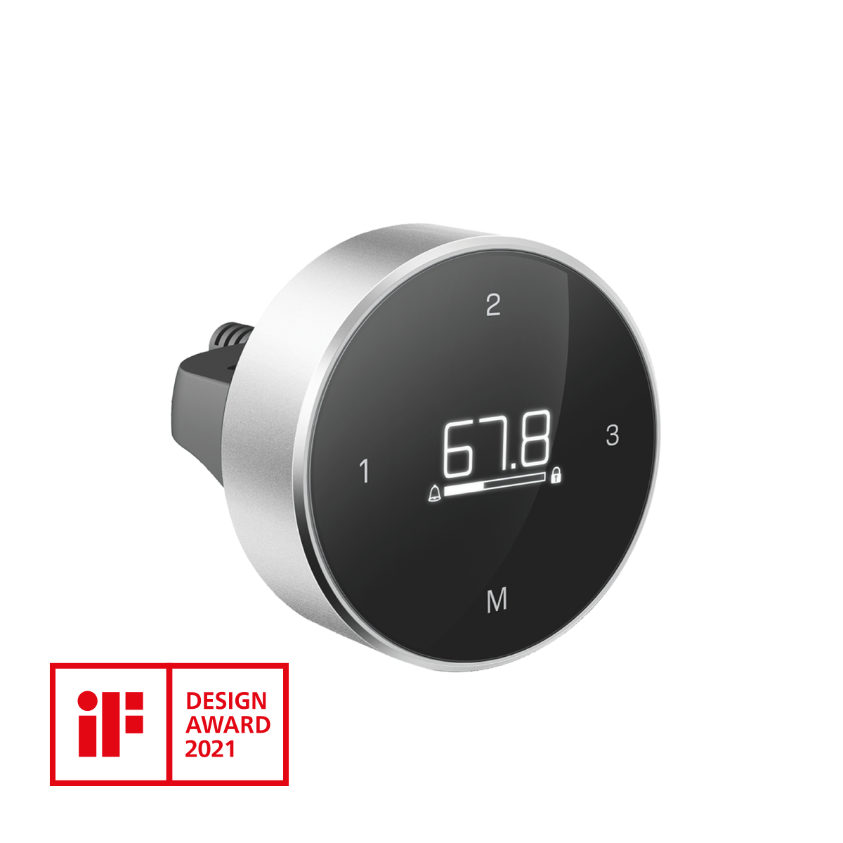 Der Smartcontroller der Smartfurniture GmbH ist ein moderner, kreisförmiger Digitalregler mit einem schwarzen Display, auf dem die Zahl 67,8 zu sehen ist, wenigen Touch-Tasten und einem Metallrand. Er wurde mit dem iF Design Award 2021 ausgezeichnet und passt perfekt zu höhenverstellbaren Schreibtischen.