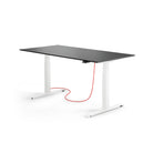 weißer, höhenverstellbarer Schreibtisch mit schwarzer Tischplatte