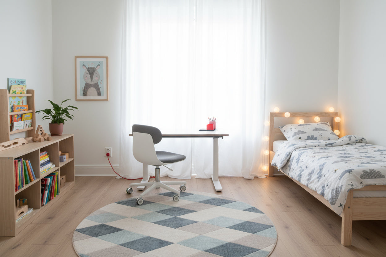 Höhenverstellbarer Kinderschreibtisch Eliot in einem freundlichen Kinderzimmer mit Bett und Lichterkette – ergonomisch und platzsparend.
