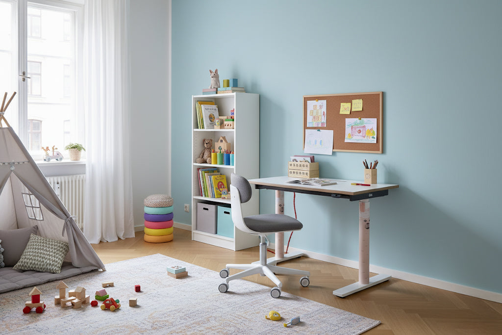 Mitwachsender Schreibtisch Eliot in einem modernen, blauen Kinderzimmer mit Bücherregal – ergonomischer Arbeitsplatz für Kinder.