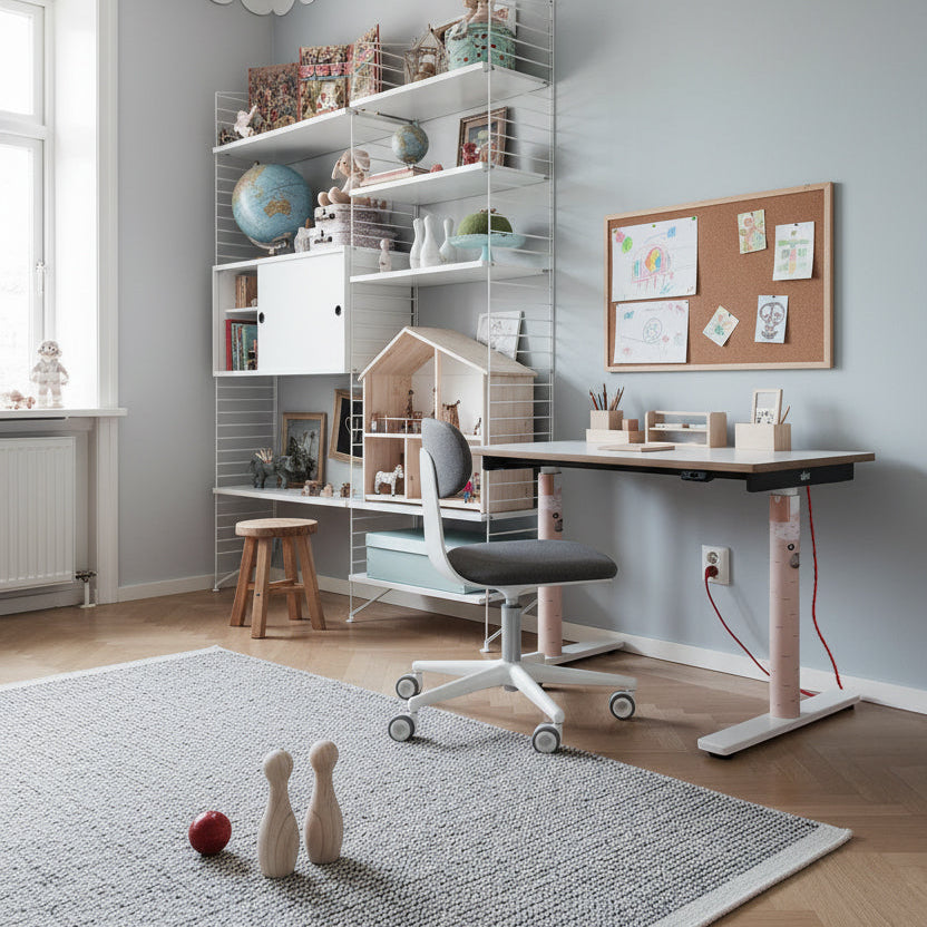 Eliot höhenverstellbarer Schreibtisch in einem Kinderzimmer mit Regalwand und Modellhaus – ideal für kreatives Spielen und Lernen.