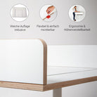 Der Smartfurniture GmbH Wickelaufsatz (für Eliot Tiny White Tischplatte 100x60cm) zeichnet sich durch eine modern geschwungene Holzkante, eine weiche Matte, eine flexible Montage und ein ergonomisches, höhenverstellbares Design aus. Icons und deutscher Text heben diese Vorteile hervor.