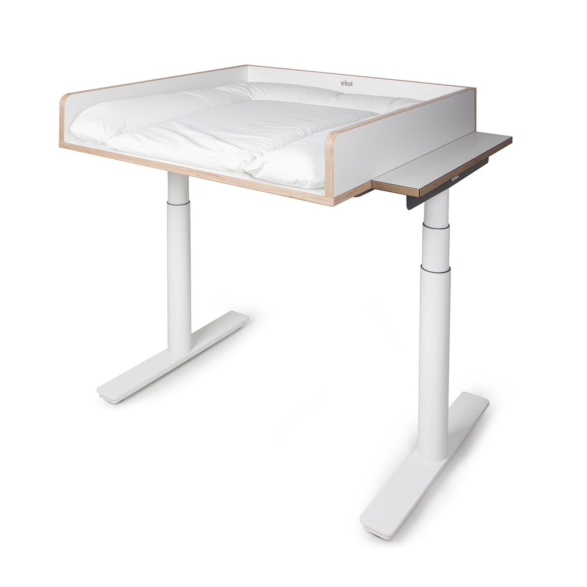 Der Wickelaufsatz von Smartfurniture GmbH passt zur Eliot Tiny White Tischplatte (100x60cm) und bietet gepolsterten Komfort, helle Holzverkleidung und stabile weiße Beine für eine anpassbare, ergonomische Babypflege.